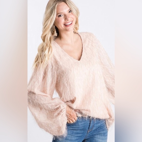 JODIFL Tops - New! Jodifl Solid Pink Eyelash Tinsel Sweater V-Neck Long Sleeve Sparkle Large